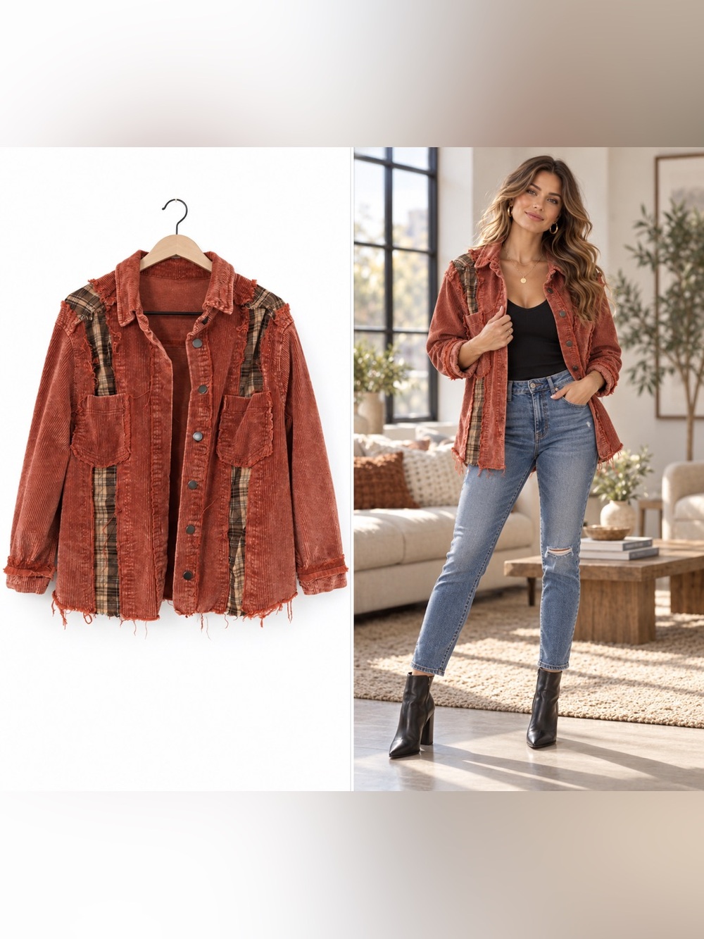 POL Corduroy and Plaid Patchwork Shacket - Rust
